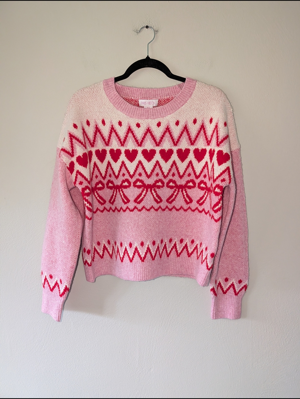 M NWT Paris Hilton Pink Heart & Bow Knit Sweater